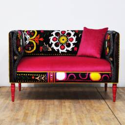 Vintage Suzani Loveseat Thai Hmong & Pink Velvet Upholstery - thumbnail 2