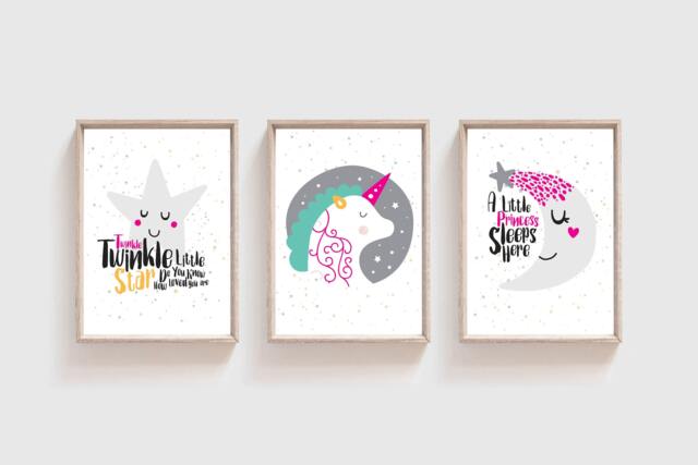 Set Of 3 Unicorn Prints, Girls Bedroom Decor, Wall Art, Nursery Playroom Art - image 1