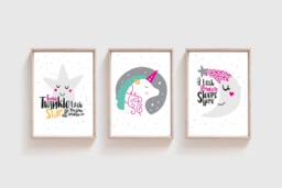 Set Of 3 Unicorn Prints, Girls Bedroom Decor, Wall Art, Nursery Playroom Art - thumbnail 1