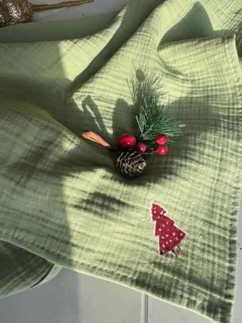 Handmade Muslin Baby Blanket - Christmas Tree Print, Green Swaddle, Holiday Nursery Decor, 80x90 cm - image 1