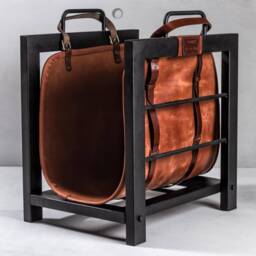 Firewood Iron Indoor Stand With Leather Log Carrier Fireplace Furniture Father Day Gift - thumbnail 2