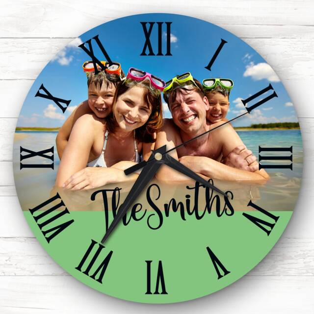Any Family Photo Green Semicircle Bottom Personalised Gift Clock - image 1