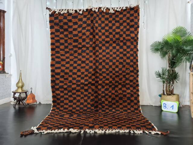 Checkered Rug, Authentic Moroccan Rug, Beni Ourain Custom Black & Brown Wool Fluffy Area Handmade Berber Carpet - image 1