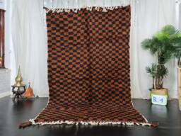 Checkered Rug, Authentic Moroccan Rug, Beni Ourain Custom Black & Brown Wool Fluffy Area Handmade Berber Carpet - thumbnail 1