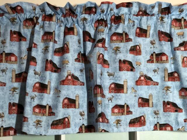 Country Red Barns On Blue Kitchen Valance ~ 42 Inches Wide - image 1