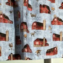 Country Red Barns On Blue Kitchen Valance ~ 42 Inches Wide - thumbnail 2