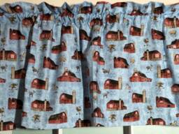 Country Red Barns On Blue Kitchen Valance ~ 42 Inches Wide - thumbnail 1