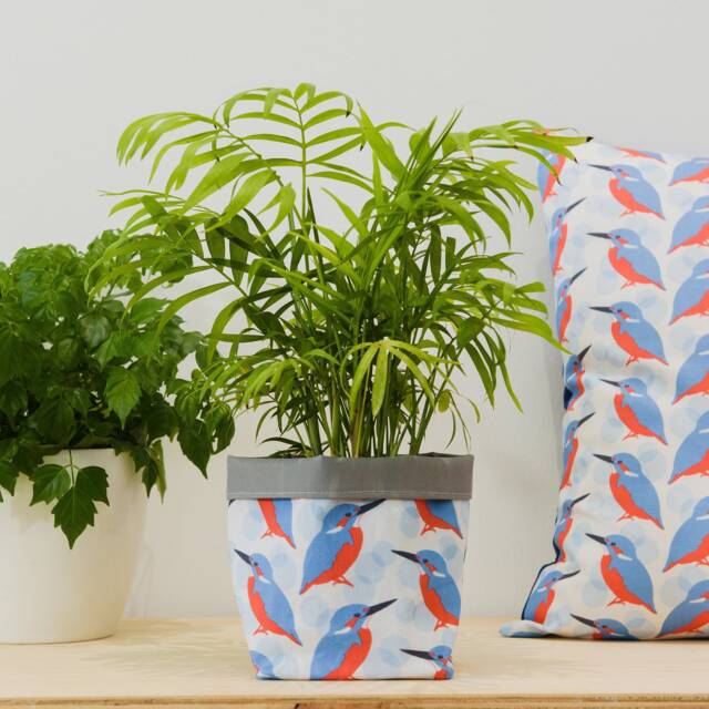 Kingfisher Print Fabric Plant Pot - Waterproof Textile Basket