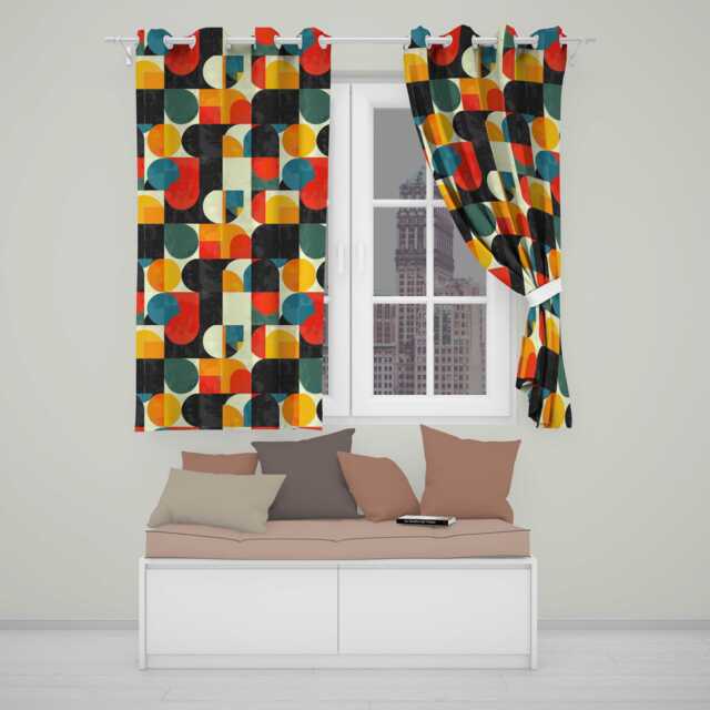 Mid Century Geometric Blocks Textured Abstract Seamless Pattern Readymade Eyelet Ring Top Thermal 100% Blackout Curtains - image 1