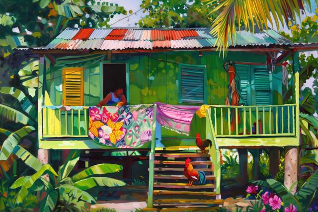 West Indies Gift Of Caribbean House Art Print Rural Chickens On Step Green Island - image 1