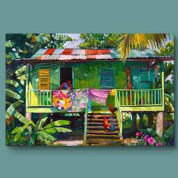 West Indies Gift Of Caribbean House Art Print Rural Chickens On Step Green Island - thumbnail 2