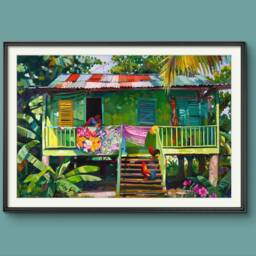 West Indies Gift Of Caribbean House Art Print Rural Chickens On Step Green Island - thumbnail 3
