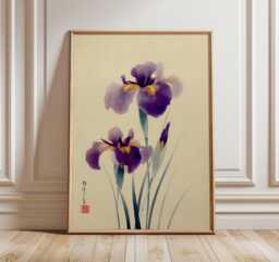 Japanese Iris Art Print, Purple Flower Botanical Poster, Minimalist Floral Wall Art, Traditional Asian Design, Elegant Home Decor - thumbnail 1