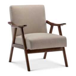 Fabric Armchair Mid Century Wooden Beige Accent Chair Cream Vintage Brown Legs Art Deco Padded Seat - thumbnail 2