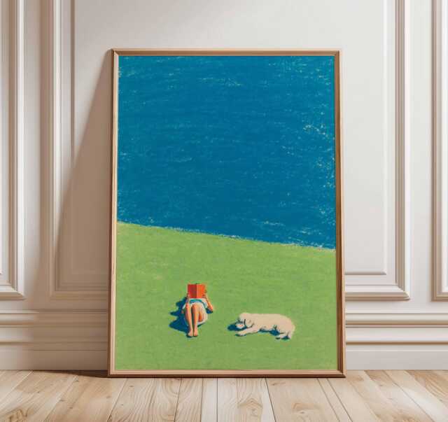 Summer Reading Poster, Minimalist Beach Lawn Wall Art, Relaxed Dog & Book Print, Modern Seaside Inspired Artwork, Coastal Home Decor - image 1