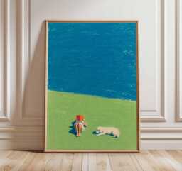 Summer Reading Poster, Minimalist Beach Lawn Wall Art, Relaxed Dog & Book Print, Modern Seaside Inspired Artwork, Coastal Home Decor - thumbnail 1