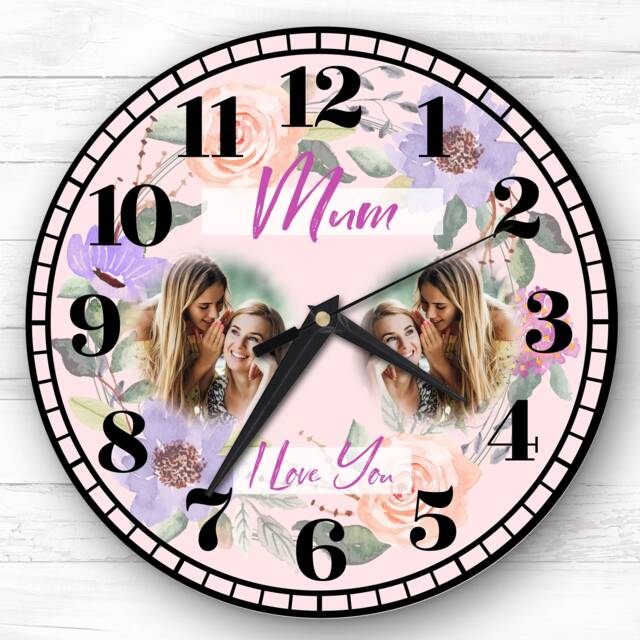 Mum I Love You Photo Flowers Pale Pink Personalised Gift Clock - image 1