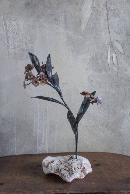 ??etal Flower On Stone, Forget-Me-Not Stalk, Twig Steel & Copper Botanical Sculpture By The Steel Style Things, 7Th Anniversary Gift - image 1
