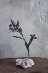 ??etal Flower On Stone, Forget-Me-Not Stalk, Twig Steel & Copper Botanical Sculpture By The Steel Style Things, 7Th Anniversary Gift