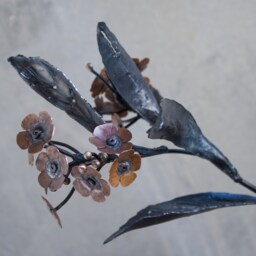 ??etal Flower On Stone, Forget-Me-Not Stalk, Twig Steel & Copper Botanical Sculpture By The Steel Style Things, 7Th Anniversary Gift - thumbnail 3