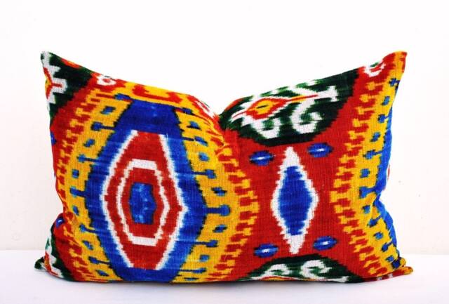 Handmade Silk Velvet Ikat Pillow Cover, Multi Color Accent - image 1