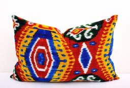 Handmade Silk Velvet Ikat Pillow Cover, Multi Color Accent - thumbnail 1