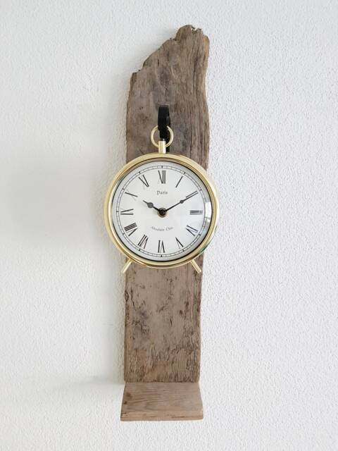 Driftwood Console With Golden Clock, Wall Console, Wrought Iron Hook, Clock - image 1