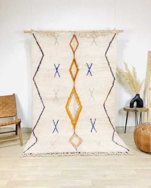 Minimalist Beni Ourain Rug - Cream Berber Wool Shag With Symbols Large Area For Bedroom Scandi Boho Decor - image 1