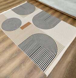 Abstract Geometric Area Rug Washable Black Beige Striped Carpet - thumbnail 1