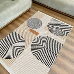 Abstract Geometric Area Rug Washable Black Beige Striped Carpet - thumbnail 3