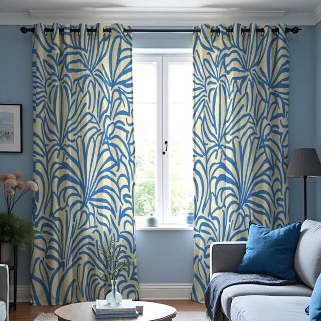 Blue Tropical Leaf Curtains, Coastal Botanical Print Drapes, Modern Beach House Window Panels - image 1