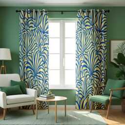 Blue Tropical Leaf Curtains, Coastal Botanical Print Drapes, Modern Beach House Window Panels - thumbnail 4
