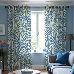 Blue Tropical Leaf Curtains, Coastal Botanical Print Drapes, Modern Beach House Window Panels - thumbnail 1
