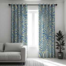 Blue Tropical Leaf Curtains, Coastal Botanical Print Drapes, Modern Beach House Window Panels - thumbnail 2