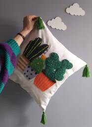 Punch Needle Cactus Pillow Cover Embroidered Floral Linen, 18x18 - thumbnail 1