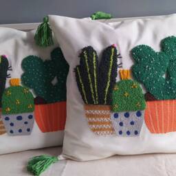 Punch Needle Cactus Pillow Cover Embroidered Floral Linen, 18x18 - thumbnail 3