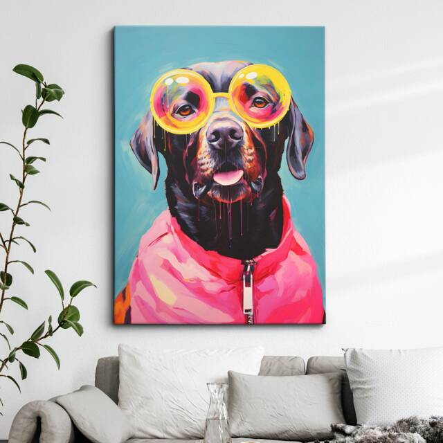 Fun Labrador Wearing Yellow Glasses Painting Framed Poster Print & Canvas Wall Decor Art Bedroom Home Interior Funny Dog Lover Gift - image 1