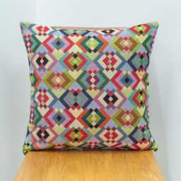 Prism Tapestry Cushion Cushion. Multicoloured Red Blue Green Yellow Triangular Aztec Patten. 17x17