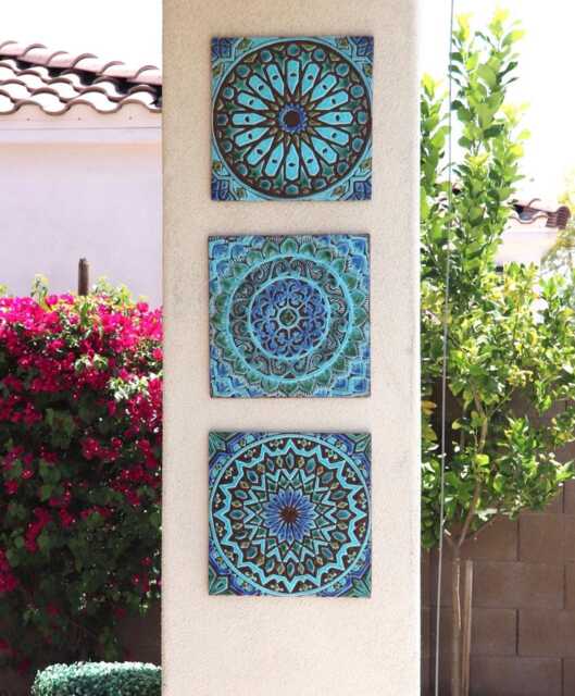 3 Wall Hangings Made From Ceramic, Outdoor Art, Garden Decor, Bathroom Kitchen Backsplash Tile, Mix Tiles 30cm Turquoise - image 1