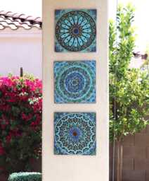 3 Wall Hangings Made From Ceramic, Outdoor Art, Garden Decor, Bathroom Kitchen Backsplash Tile, Mix Tiles 30cm Turquoise - thumbnail 1