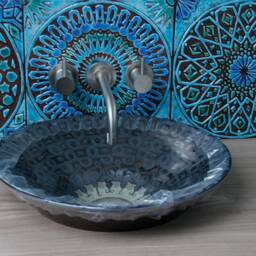 3 Wall Hangings Made From Ceramic, Outdoor Art, Garden Decor, Bathroom Kitchen Backsplash Tile, Mix Tiles 30cm Turquoise - thumbnail 2