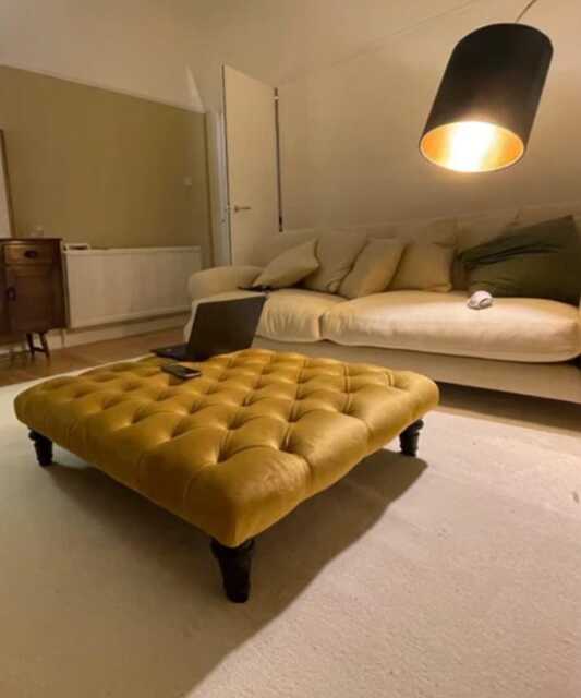 Handmade Chesterfield Plush Velvet Footstool - Ottoman Coffee Table, Black Wooden Legs - image 1