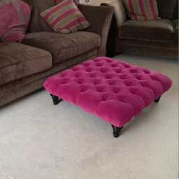 Handmade Chesterfield Plush Velvet Footstool - Ottoman Coffee Table, Black Wooden Legs - thumbnail 2