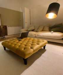 Handmade Chesterfield Plush Velvet Footstool - Ottoman Coffee Table, Black Wooden Legs - thumbnail 1