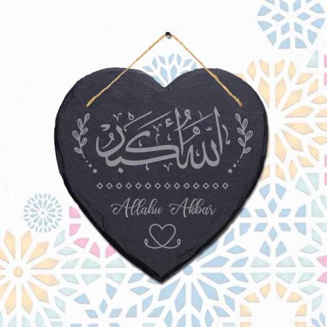 Allahu Akbar Takbir Engraved Wall Hanging Islamic Heart Home Slate Plaque Sign - image 1