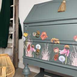 Vintage Bureau Writing Desk Painted Dark Grey, Blue & Floral - thumbnail 2