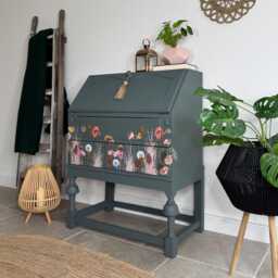 Vintage Bureau Writing Desk Painted Dark Grey, Blue & Floral - thumbnail 3