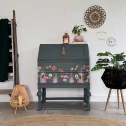 Vintage Bureau Writing Desk Painted Dark Grey, Blue & Floral - thumbnail 1
