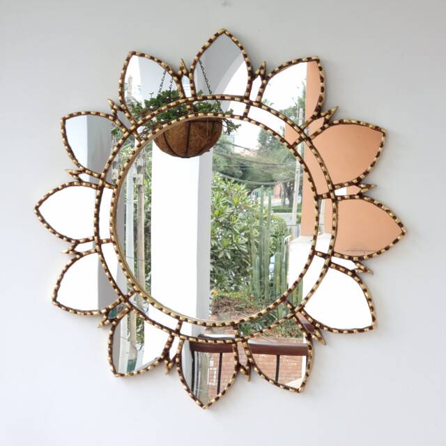 Peruvian Gold Mandala Sun Mirror 60 cm Handmade Wall Decor - Carved Wood Round Boho Statement For Living Room Bedroom Bathroom - image 1
