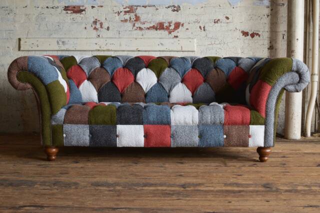 3 Seater Multi Coloured Boucl?? Fabric Chesterfield Sofa, Unique British Handmade - image 1